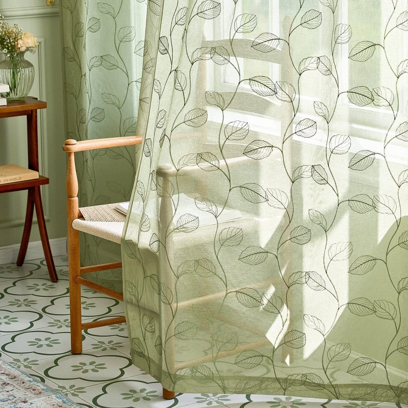 Lazzzy Sage Sheer Curtains Leaf Embroidered 96 Inch Long for Living Room Bedroom Rod Pocket Voile Window Drapes 2 Panels - Image 1